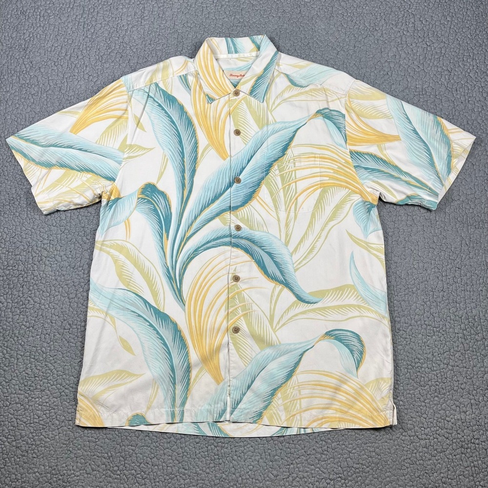 Tommy Bahama Mens M Silk Tropical Palm Leaf Button Up Shirt Teal‎ Yellow White